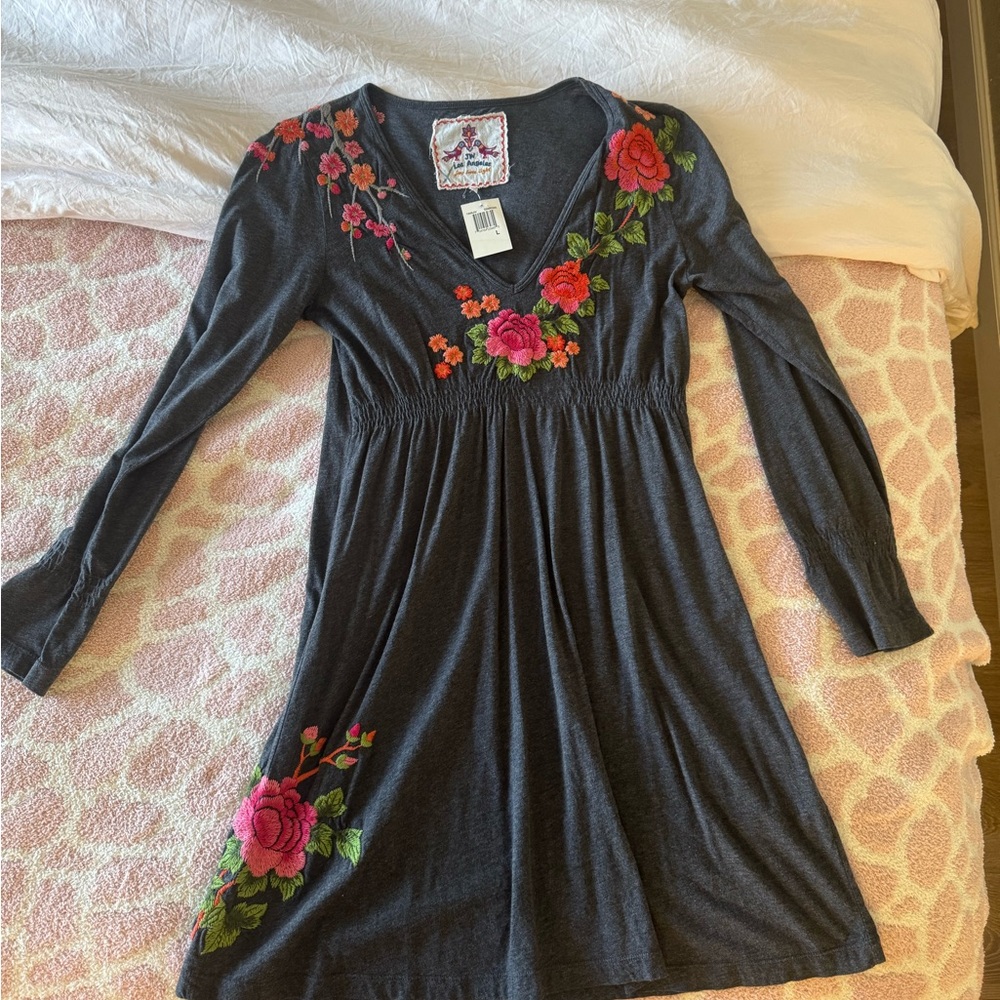 Johnny Was JWLA dress Large Charcoal Floral Embroidered  New With Tags
